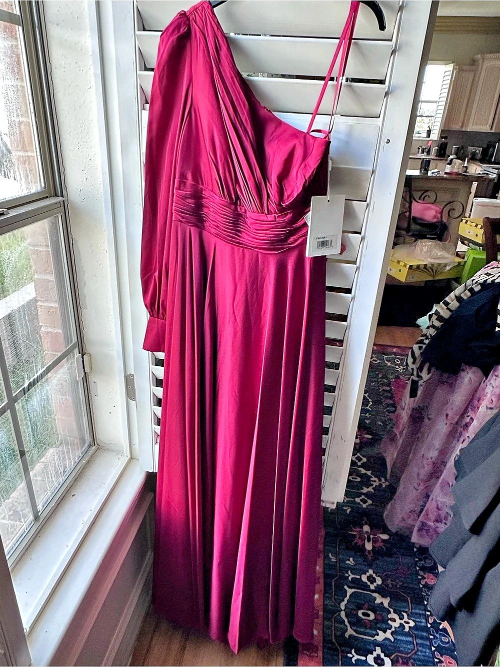 Mac Duggal One-Shoulder Bishop Sleeve Flowy Gown Maxi Dress in Pink NWT